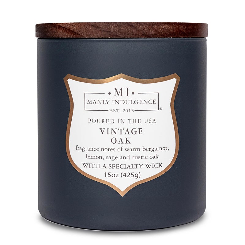 Manly Indulgence Vintage Oak Scented Candles for Men, 15 oz Wooden Wick, Premium Soy Blend Wax, 60H Burn, Candles for Home Scented - Made in The USA - Image 1